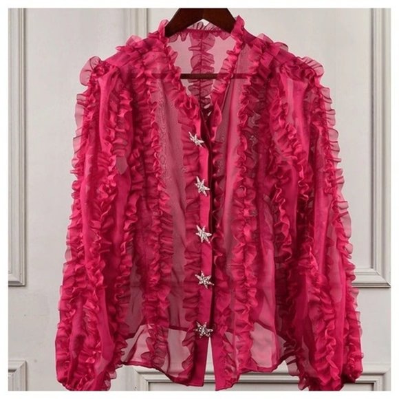 Sheer Fuchsia Ruffle Top Size Small - Picture 6 of 8